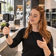 Experta en productos Miele durante un asesoramiento en directo por vídeo Experta en productos Miele durante un asesoramiento en directo por vídeo